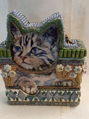 Mary Frances Blue Green & Gold Beaded Flowered Cat Shoulder Purse, Bag, Like New